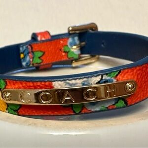 Coach Leather Blue and Red Floral Belt-Style Bracelet w/ Gold Tone Hardware